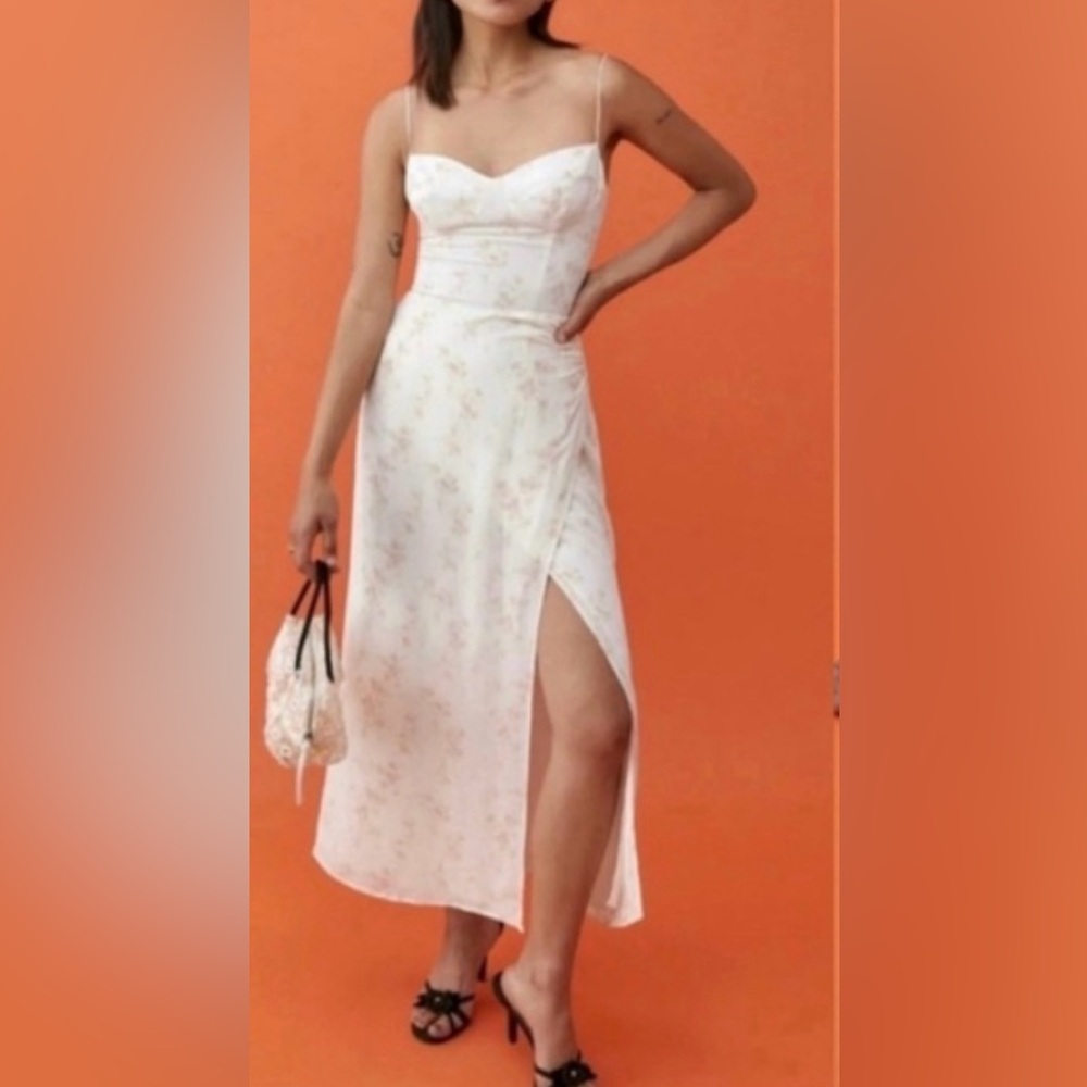 Reformation Moonsea Midi Dress Low Cut Revealing Leg Slit Floral in cream Size 2